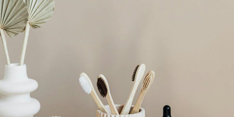 Sustainable Alternatives - Collection of bamboo toothbrushes and organic natural soaps with wooden body brush arranged with recyclable glass bottle with natural oil and ceramic vase with artificial plant
